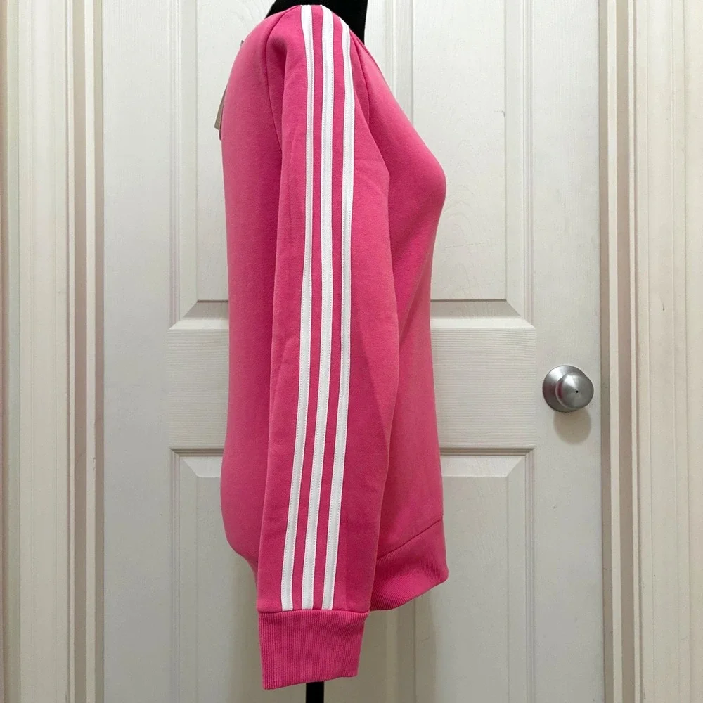 NEW Adidas Crewneck Pullover Fleece Sweatshirt Rose Hot Pink 3‎ Stripes XS